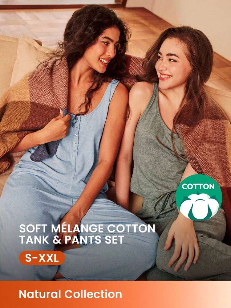 Ensemble de pyjama d'été pour femmes en coton mélangé doux, avec débardeur col V et pantalon long. Ensemble ample avec poches, pouvant être porté comme vêtement de jour ou de nuit.