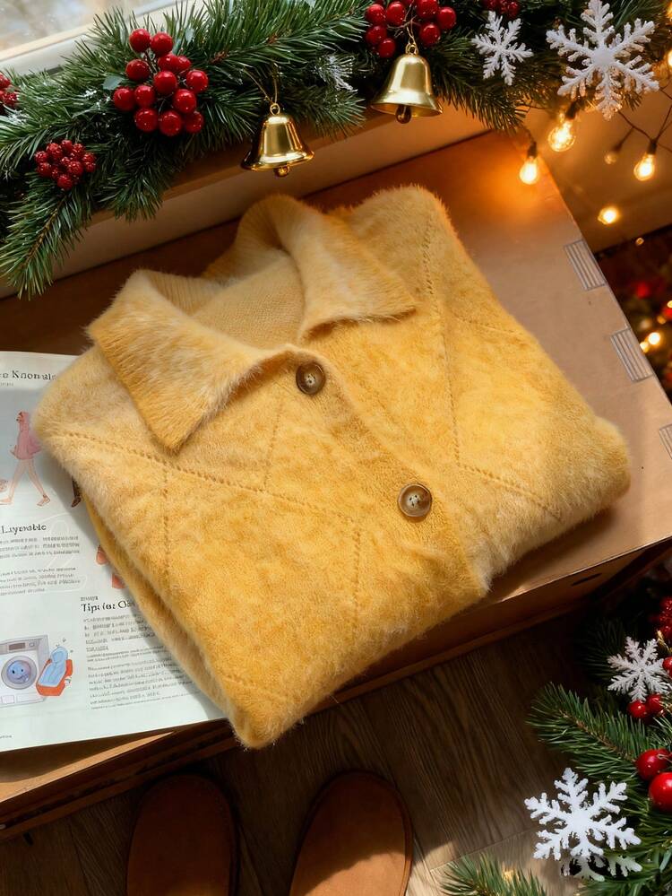 Women's Loose Casual Elegant Tie-Dye Tie Dye Hollow Out Colorblock Cream Yellow Knit Cardigan, Autumn/Winter