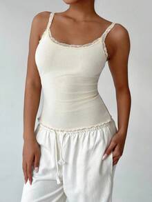 FavEase Apricot Knitted Fleece Ribbed Contrast Lace Trim U-Neck Fitted Camisole, Fashionable, Minimalist, Elegant, Cute, Comfortable For Home, Outdoor, Daily, Date, Versatile For Women In Autumn/Winter - Apricot - View 5