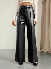 SHEIN Tall Women Minimalist Straight PU Leather Leggings, Casual Daily Wear,Thanksgiving,Elegant Commuter Leather Pants High Elastic Casual Style,Black Pants - Black - View 6