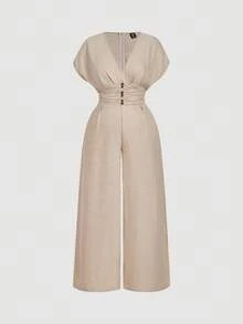 SHEIN MOD 大码女式V领短袖杏色连体裤，优雅亚麻连体裤，夏季连体裤，优雅连体裤，亚麻套装，亚麻两件套 - 杏色 - 查看 4