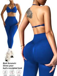 Dewbera 女士纯色褶皱吊带文胸和紧身裤运动套装 - 藍色 - 查看 3