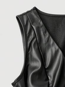 SHEIN MOD V领无袖侧系腰直筒黑色PU皮西装裤，圣诞节套装，秋冬休闲套装，优雅，乡村音乐会套装，圣诞节套装，新年套装，感恩节套装，冬季套装，外出裤，乡村音乐会套装，经典两件套，女士办公室服装，女士圣诞节服装，感恩节套装 - 黑色 - 查看 4