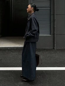 Livesso Bộ 2 món áo khoác và chân váy denim dáng rộng, phong cách đường phố cổ điển dành cho nữ, thời trang công sở, màu sắc tương phản, trang trí đường may thời trang thu đông - Màu xanh hải quân - Xem 3
