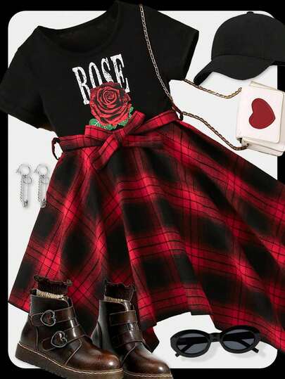 SHEIN Vestido Asimétrico A Cuadros Con Estampado Floral Y De Letras Para Niñas Jóvenes