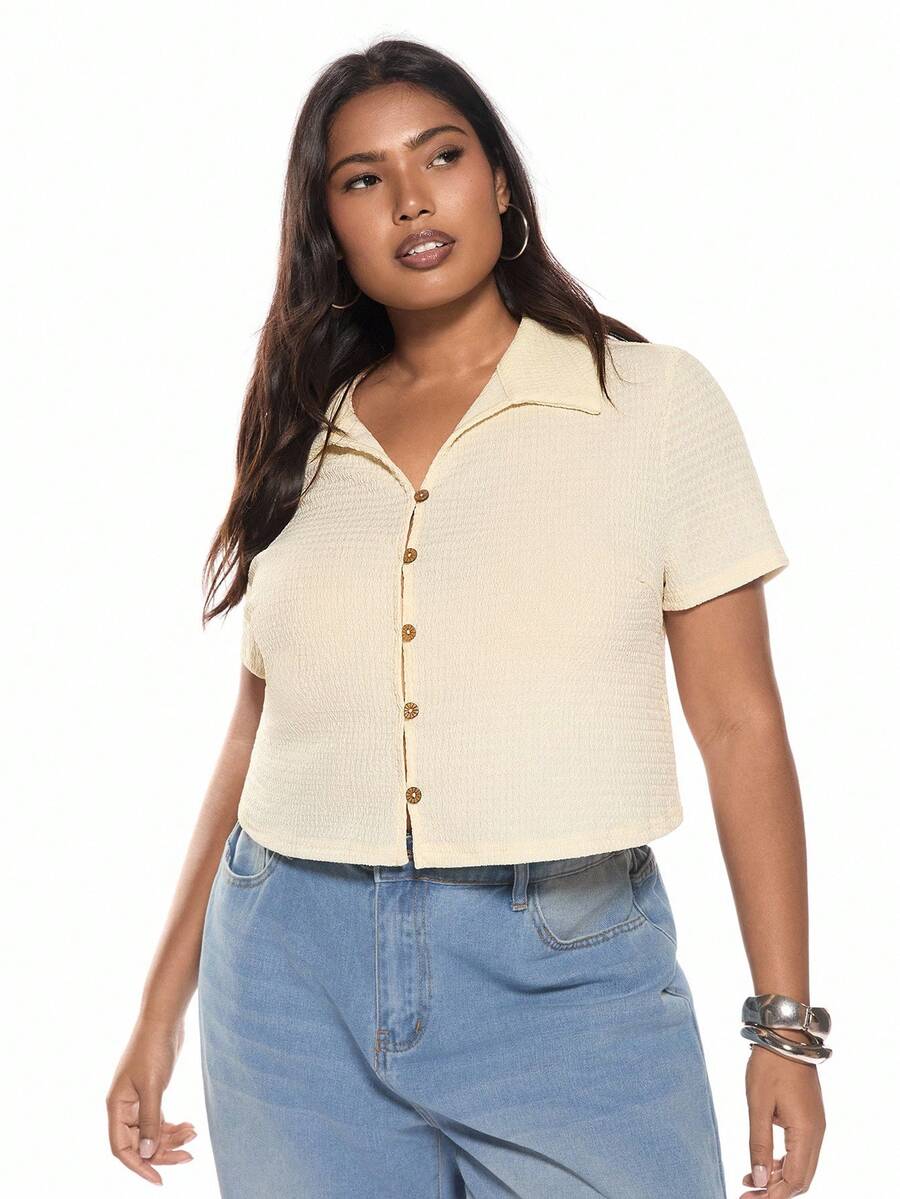 SHEIN EZwear 加大码纯色针织 T 恤，简约时尚休闲日常穿着 - 杏色 - 查看 1