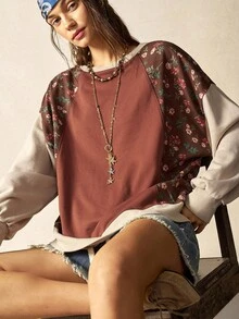 Bohemela 休闲针织拼布圆领碎花长袖宽松水洗女式上衣 - 摩卡棕 - 查看 4