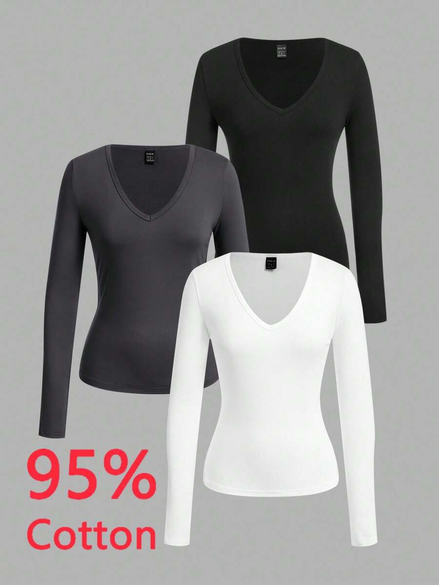 SHEIN EZwear 3 件套女士休闲深 V 领修身长袖 T 恤套装，适合秋冬季，95% 纯棉 - 彩色 - 查看 1