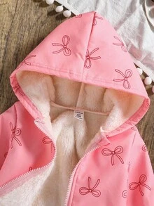 1件女婴秋冬季百搭日常蝴蝶结装饰保暖连帽外套，女婴外套，女婴外衣，适合秋冬季日常穿着，新品上市 - 粉色 - 查看 4