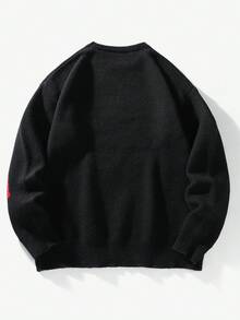 Manfinity EMRG 男士休闲字母图案圆领长袖毛衣，日常穿着，秋冬 - 黑色 - 查看 2