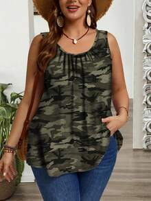 SHEIN CURVE+ Plus Size Camo Print Ruched Loose Spaghetti Strap Tank Top And Camisole, Suitable For Spring/Summersummer/Country/Beach Vacation Outfits/Beach Outfits/Beach Wear - Multicolor - View 6