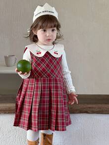 DAZY Baby Girls' Plaid Casual Korean Style Cartoon Fruit Embroidery Peter Pan Collar Mid-Length Dress Christmas - Burgundy - View 3