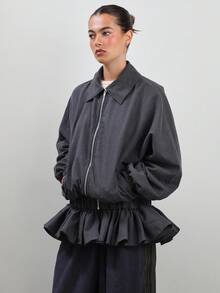 COUREZ Harrington Track Jacket With Frill Hem In Micro Check /Y2K Going Out Outfits Fall Women Clothes Winter Clothes For Women Club Outfits Outerwear AW Women Sexy Women's Winter Jacket