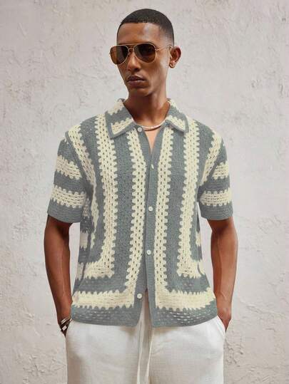 AKNOTIC Party 男士合身翻领短袖休闲针织开衫，适合日常穿着