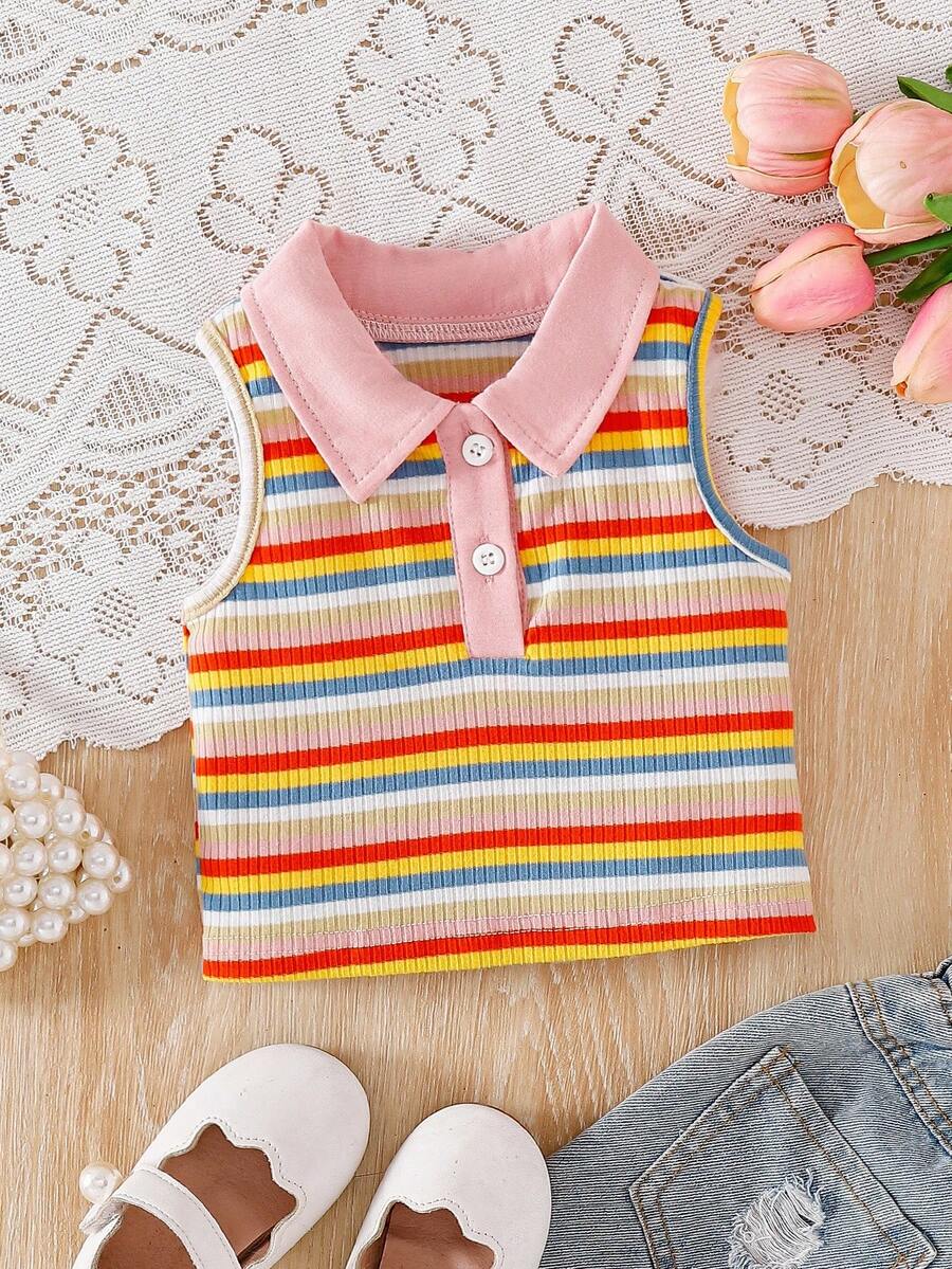 SHEIN 女婴时尚彩色条纹 Polo 领无袖上衣,春夏 - 彩色 - 查看 1