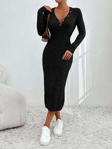 EURMUSE V-ringning med knappar Midi tröjklänning Casual Elegant Enkel - Svart - Visa 3