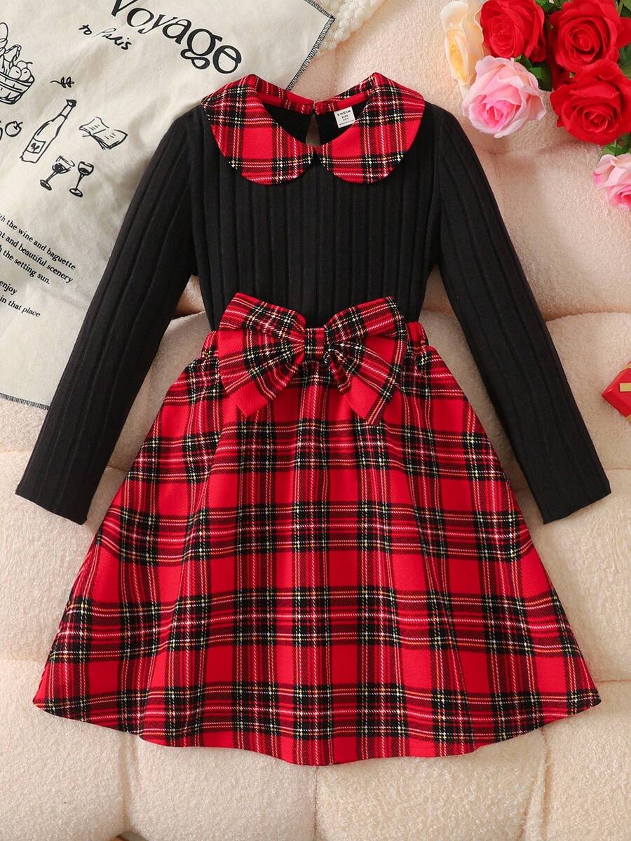 SHEIN Tween Girl Solid Red Knit Patchwork Plaid Collar Top And Plaid Knit Mini Skirt 2 Pieces Set - Red - View 1