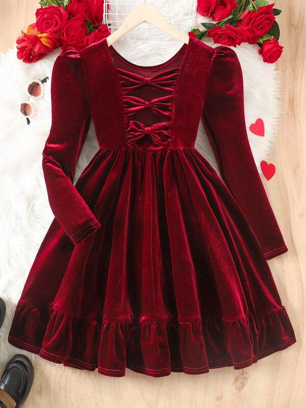 Emery Rose Kids Emery Rose Kids Vestido casual y elegante con decoración de lazo 3D en la espalda para niña preadolescente, adecuado para otoño e invierno, para Navidad, fiestas y uso como vestido de cumpleaños