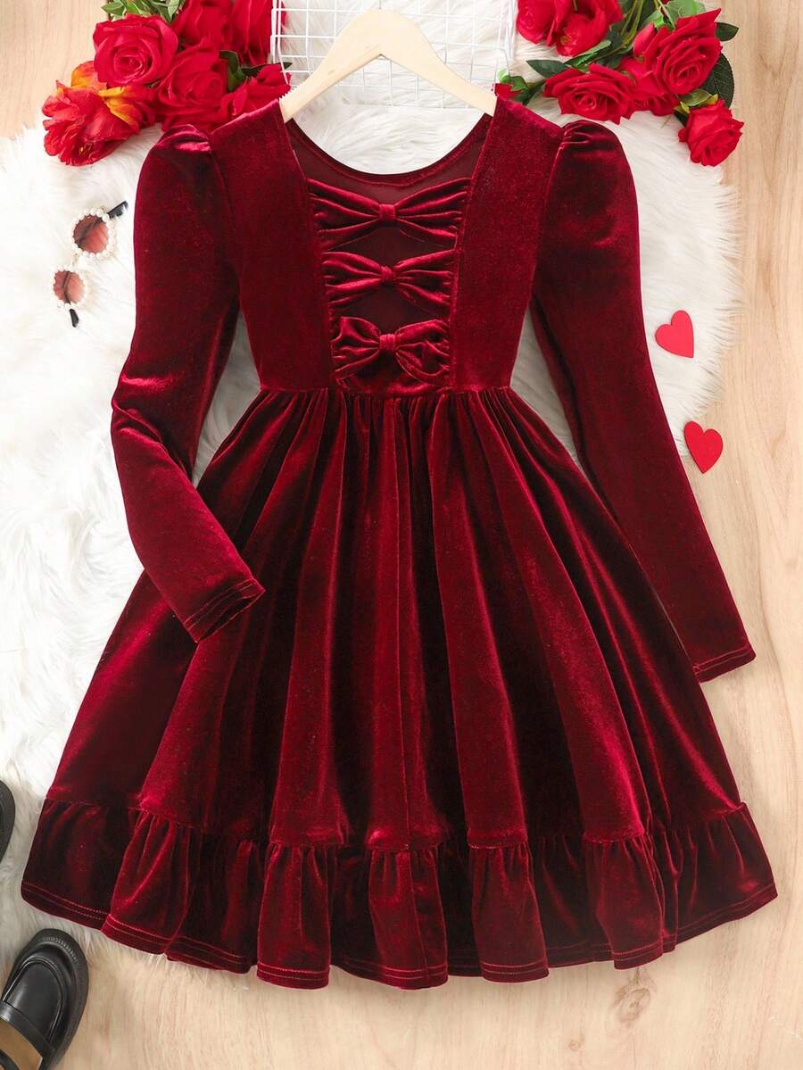 SHEIN Váy nơ 3D trang trí lưng dễ thương cho bé gái tuổi teen, váy đơn giản thanh lịch, thích hợp mặc vào mùa thu đông, Giáng sinh, dự tiệc, sinh nhật - Đỏ - Xem 1