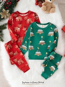 Cozy Pixies 4 件套女婴圣诞驯鹿和树图案针织柔软圆领长袖上衣和松紧腰紧身裤舒适睡衣套装 - 紅色 - 查看 9