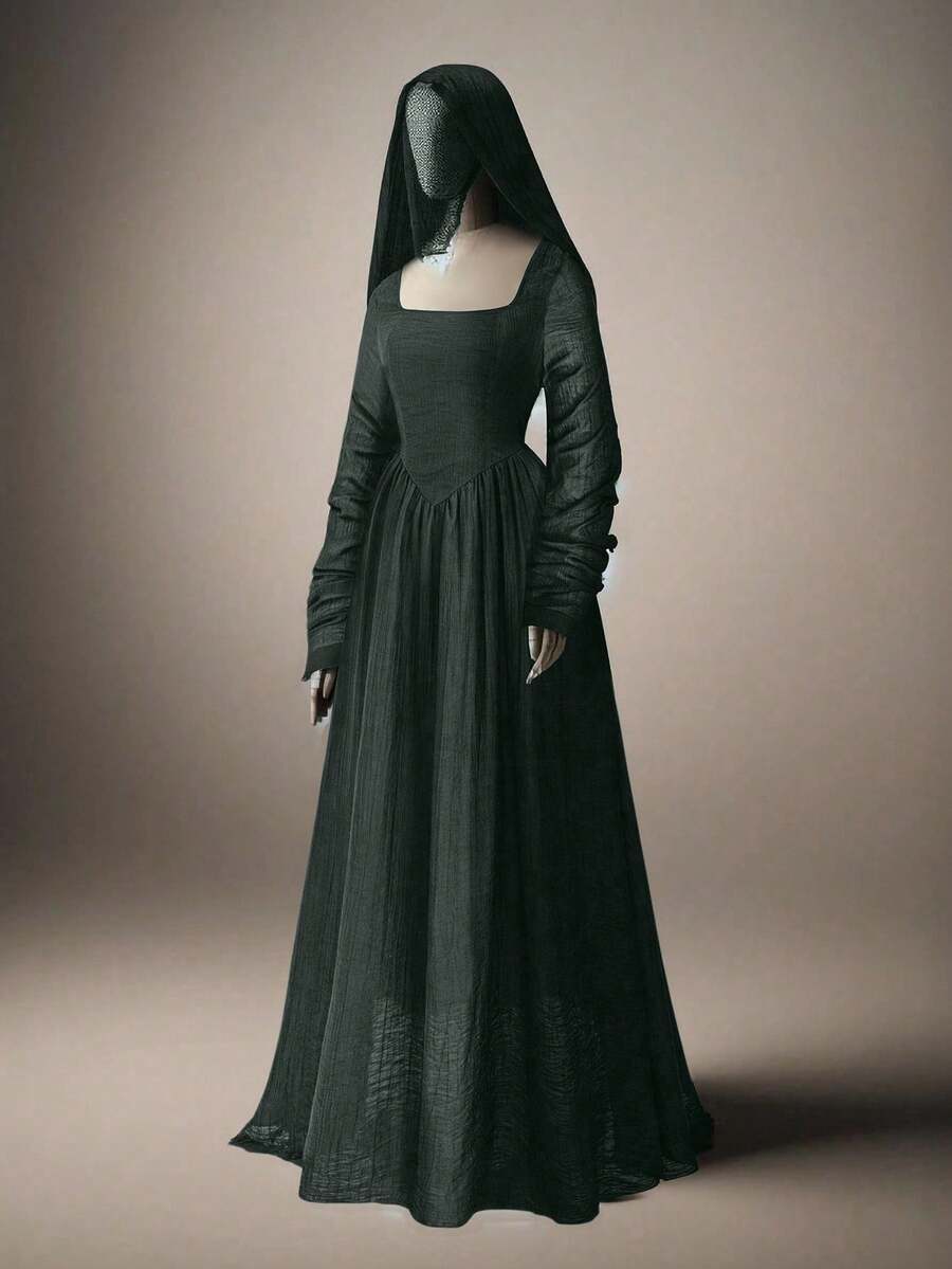 Sweetra Vestido largo minimalista de unicolor con cintura ceñida, estilo gótico retro - Gris - Ver 1