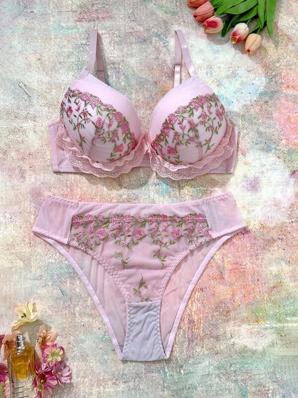 FloralLove 2pcs Plus Size Bra Set With Molded Cup, Underwire, 3/4 Cup, Lift & Enhance, Embroidery, Lace Patchwork, Ruffle Trim, Sweet & Cute, Romantic Floral  Cozy And Elegant Details