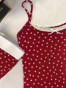 INAWLY 2pcs Women Polka Dot Lace Trim Camisole Top And Mini Shorts Set - Red - View 4