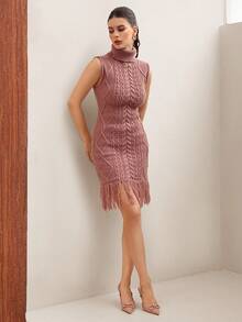 Modelyn Elegantes Damen-Strickkleid mit Zopfmuster, Rollkragen und Fransen-Saum, ärmellos - Pink - Übersicht 6