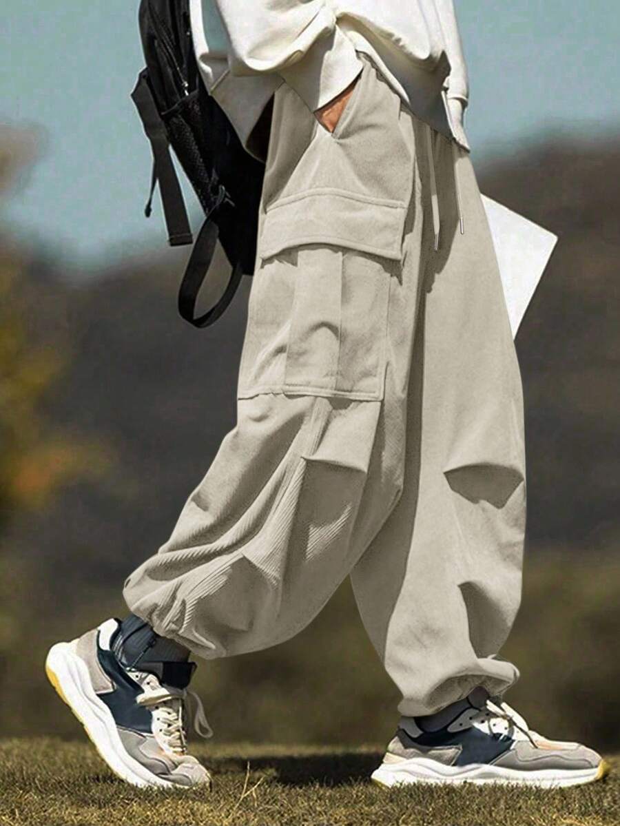 Claim Dot 男士宽松纯色休闲灯芯绒工装裤，多功能户外降落伞裤/慢跑裤，秋冬款