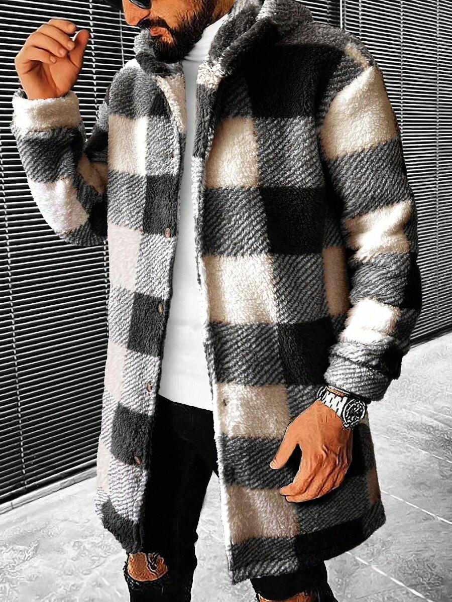 Manfinity Homme Men's Casual Plaid Hooded Jacket, Autumn/Winter Men Long Coat Men Fall Collection - Multicolor - View 1