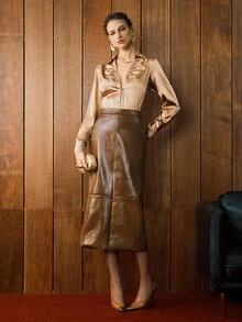 Arave Áo sơ mi nữ chất liệu satin xếp ly cài cúc, áo mặc hàng ngày, áo dự tiệc mùa thu, áo kiểu thanh lịch mùa thu để đi chơi. - Màu Khaki - Xem 7