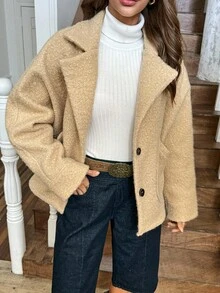 LanaWest Women's Apricot Pocket Contrast Button Loose Batwing Sleeve Short Overcoat - Khaki - View 3