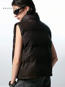LYSMO SELECTION 2025 New Minimalism Dark Brown Autumn Casual Occasion Women Solid Color Sleeveless Stand Collar Winter Coat Warm Stockholm Style Streetwear - Brown - View 2