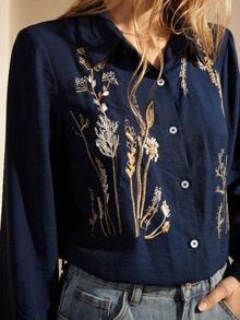 Écloséra Daily Casual Versatile Loose Embroidery Long-Sleeved Women's Autumn And Winter Loose Tops Shirts Women's Shirts Women's Shirts Long-Sleeved Tops Women's Elegant Shirts Women's Casual Shirts - Navy Blue - View 2