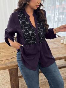 Weeklong Camisa de talla grande con bloqueo de color, lentejuelas, estampado floral y parches de malla para uso diario - Morado - Ver 6