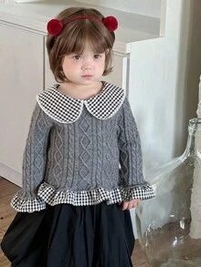 DAZY Suéter de manga larga de unicolor con cuello Peter Pan para niñas pequeñas, otoño/invierno - Gris - Ver 4