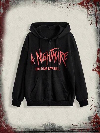 A Nightmare on Elm Street X ROMWE Gothic Horror Dark Claw Marks & Blood Print Logo Zip-Up Hoodie For Women