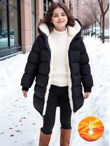 SHEIN 1 件年轻女孩中长袖棉衣，毛绒衬里，舒适温暖，纯色外套