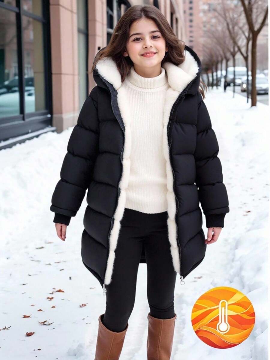 SHEIN 1 件年轻女孩中长袖棉衣，毛绒衬里，舒适温暖，纯色外套