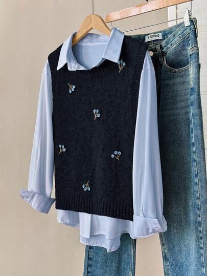 Modelyn Women's Solid Color Embroidered Crew Neck Sweater Vest Autumn Winter Clothes For Women