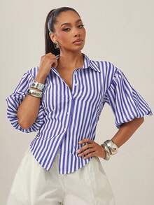 Vixey Self Tie Back Collared Button Up Long Sleeve Top - Blue and White - View 4