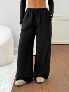 SHEIN PETITE Women's Black Solid Color Linen Low-Waist Straight-Leg Casual Pants, Suitable For Vacation, Petite Version,Black Pants,Black Pant - Black - View 4