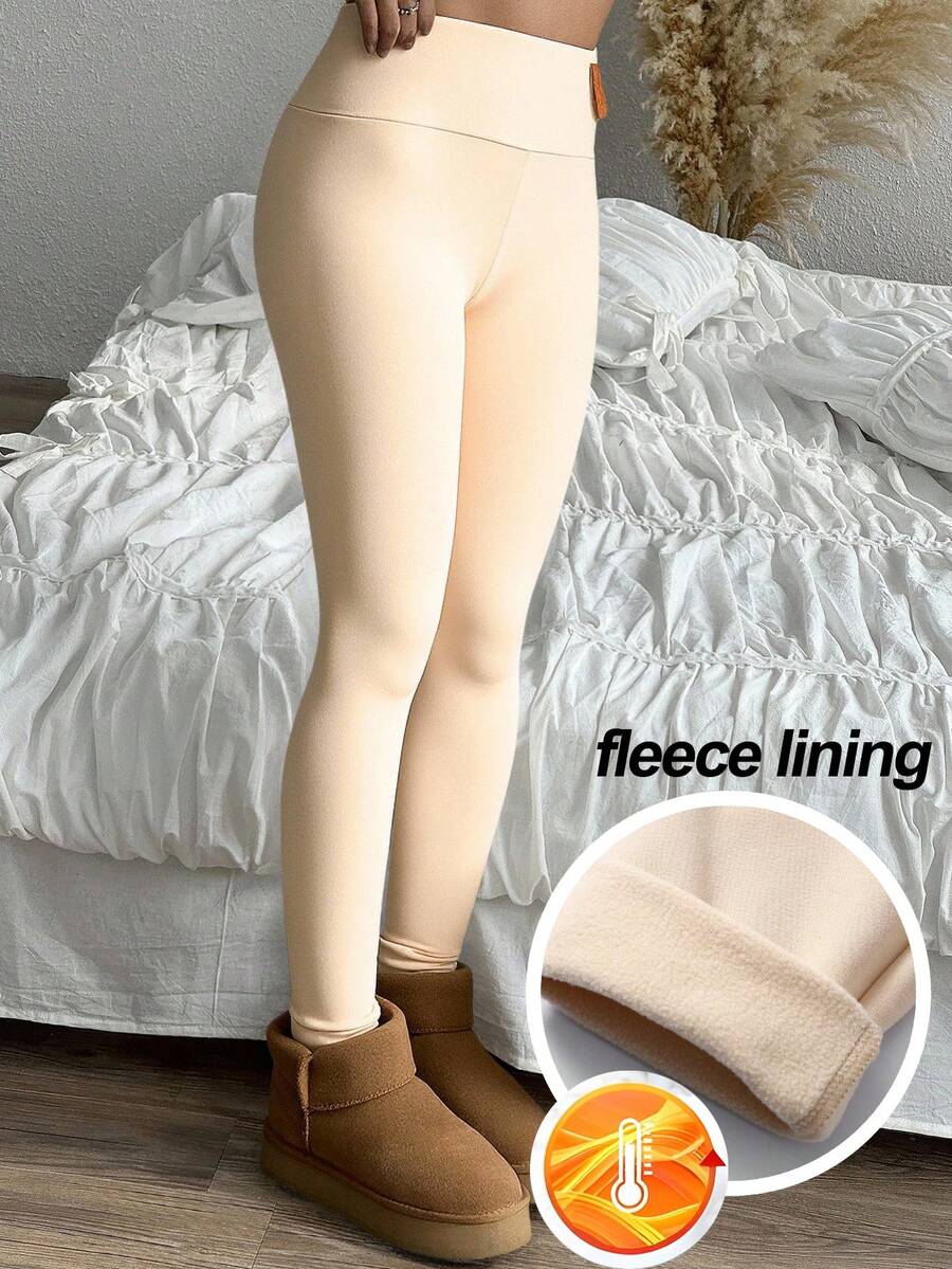 SHEIN Leggings per ragazze pre-adolescenti, termici e foderati per l'autunno/inverno, in morbido tessuto elasticizzato a costine, con toppe in PU, adatti a ogni occasione, colori cachi e albicocca
