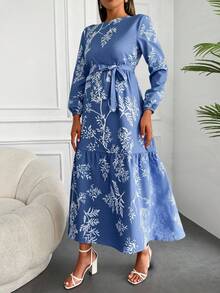 RueChic In Thực vật Xù Hoa Sen Váy có thắt lưng - Màu xanh lam - Xem 5