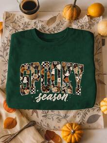 INAWLY Halloween Ghost Season, Autumn Pumpkin, Ghost Mom Graphic Fleece Crew Neck Sweatshirt For Women - Dark Green - View 4