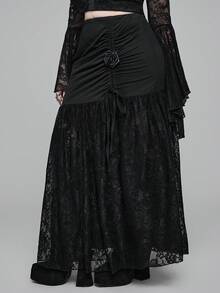 ROMWE EDITION Falda ajustado negra de sirena con volantes, encaje y lazo hecho a mano, estilo gótico palaciego para fiesta, talla grande para mujeres - Negro - Ver 5