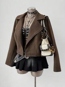 Sunspun 大码女士优雅纯色大衣，秋冬款 - 米色 - 查看 4