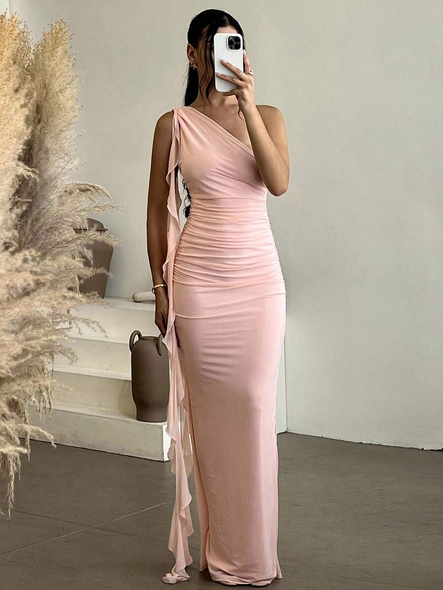 Andrea Bello 女式纯色不对称褶饰露背长款网眼荷叶边连衣裙，优雅海滩度假连衣裙，春夏 - 淺粉色 - 查看 1