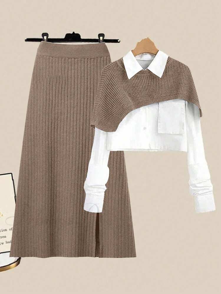 GlowEve 2 Peças Conjunto de Suéter Casual Feminino de Tricô com Gola Careca Canelada - Champanhe - Visão 1