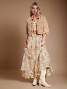 WESTFADE Saia Longa Fluida com Babados, Cintura com Cordão, Bordado Floral em Tule, Uso no Outono, Inverno, Estilo Ocidental para Mulheres, Boho Cowgirl - Branco - Visão 3